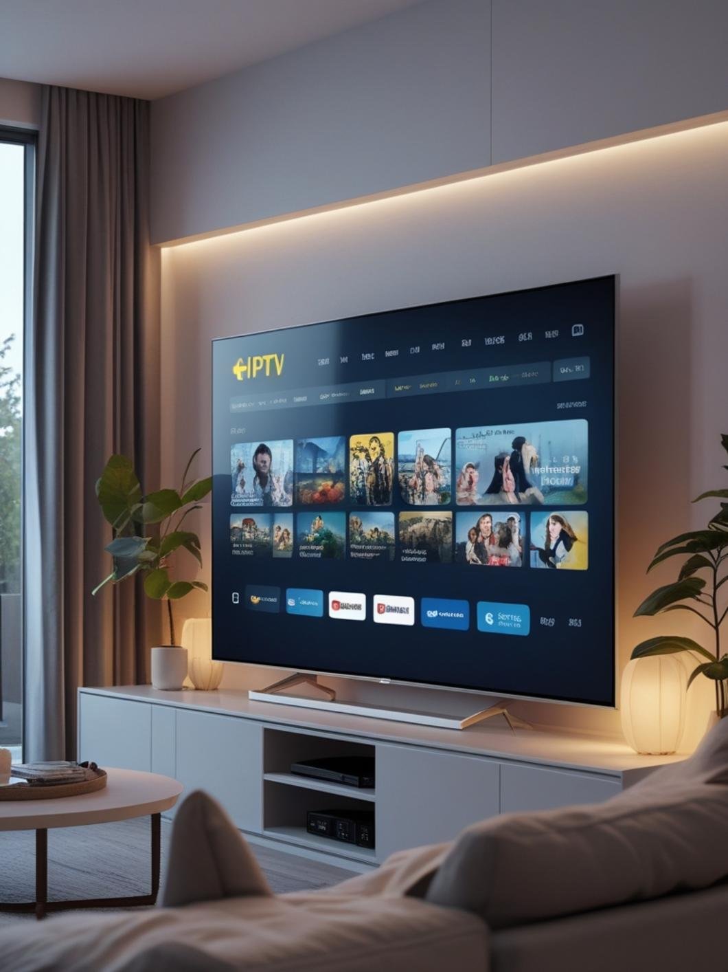 Närbild på en hand som navigerar en fjärrkontroll på en Smart TV-meny, med IPTV-kanaler synliga.