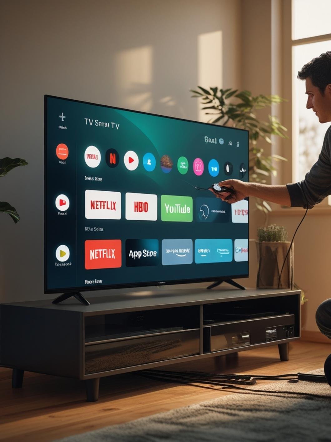 En person som felsöker en router med lysande indikatorlampor, med symboler för Wi-Fi och nätverk i förgrunden, som illustrerar teknisk felsökning.