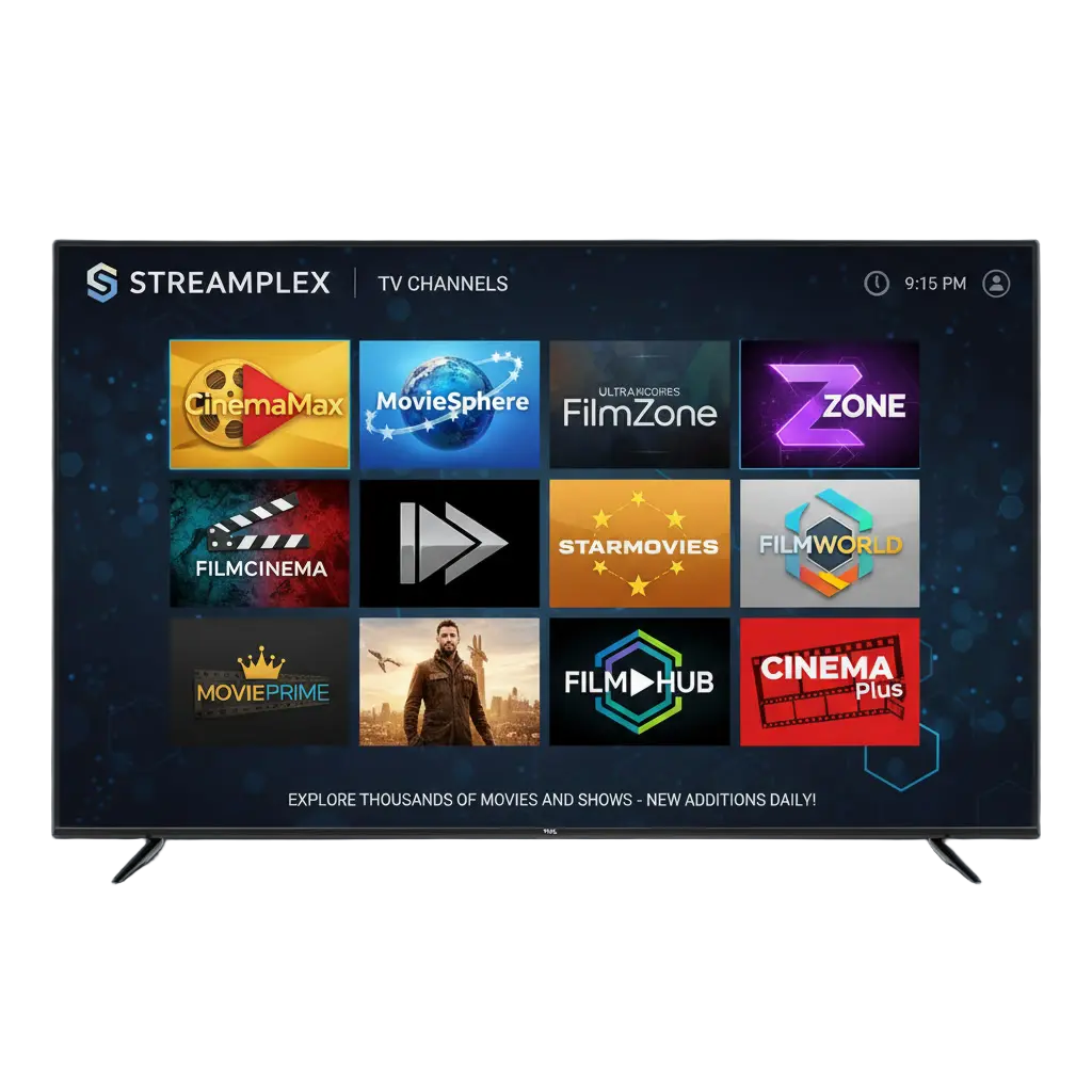 Smart TV interface showing IPTV movie and TV channel apps with streaming entertainment dashboard