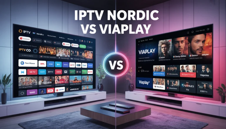 Split-screen comparison banner showing IPTV Nordic vs Viaplay with smart TV interfaces, streaming content, and modern futuristic living room design
