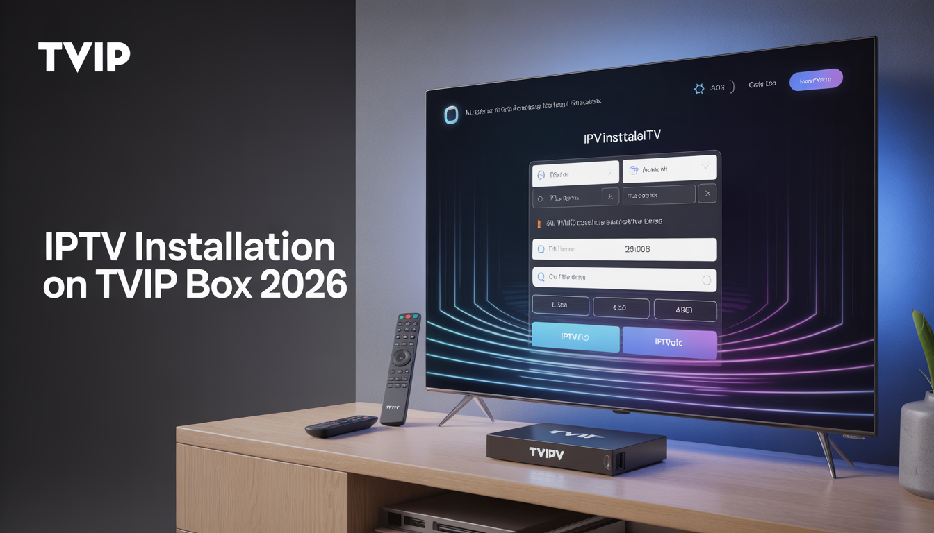 IPTV installation on TVIP Box 2026 displayed on a modern smart TV setup with TVIP device and remote control