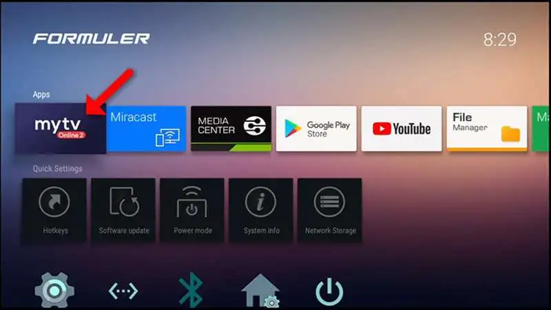 Formuler box home screen showing MyTVOnline 2 app installation setup for IPTV streaming